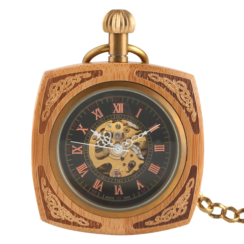 Retro Unique Royal Red Wooden Bamboo Hand Winding Mechanical Pocket Watch Square Dial with 30cm Gold Chain Men Hour Clock Gifts