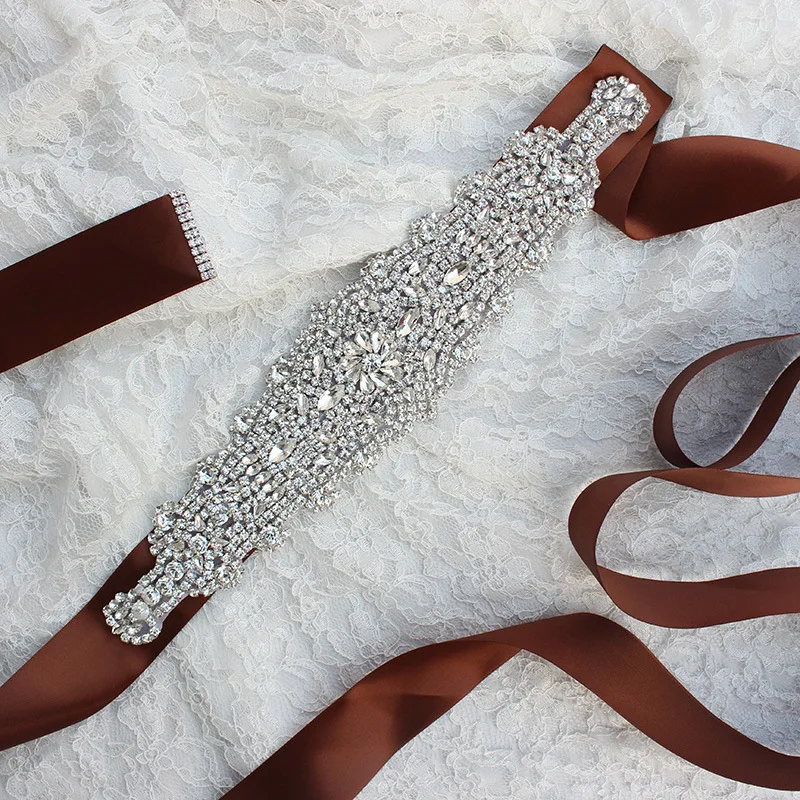 Luxury Crystal Belts Satin Rhinestone Wedding Dress Belt Wedding Accessories Bridal Ribbon Sash Belt Custom Hot