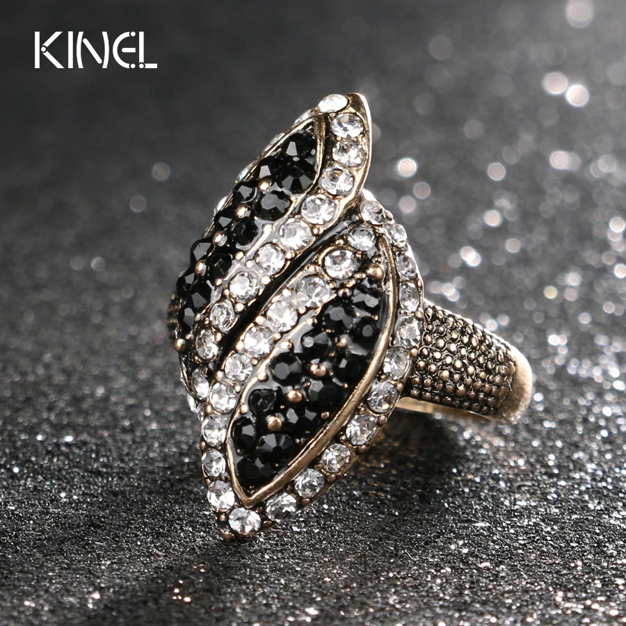 Kinel Luxury Black And White Crystal Rings For Women Color Antique Gold Fashion Vintage Wedding Ring Party Gift