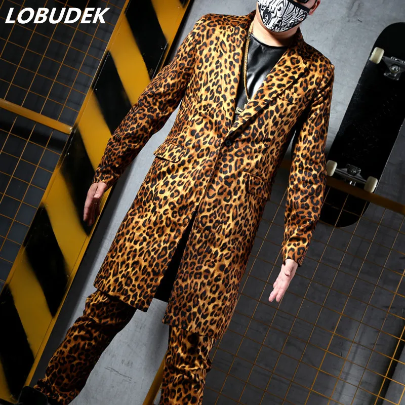 Fashion Leopard Long Coat Blazers Suits Tide Male Singer Musical Vocal Concert Punk Rock Costume Bar Dancer Party Stage Outfit