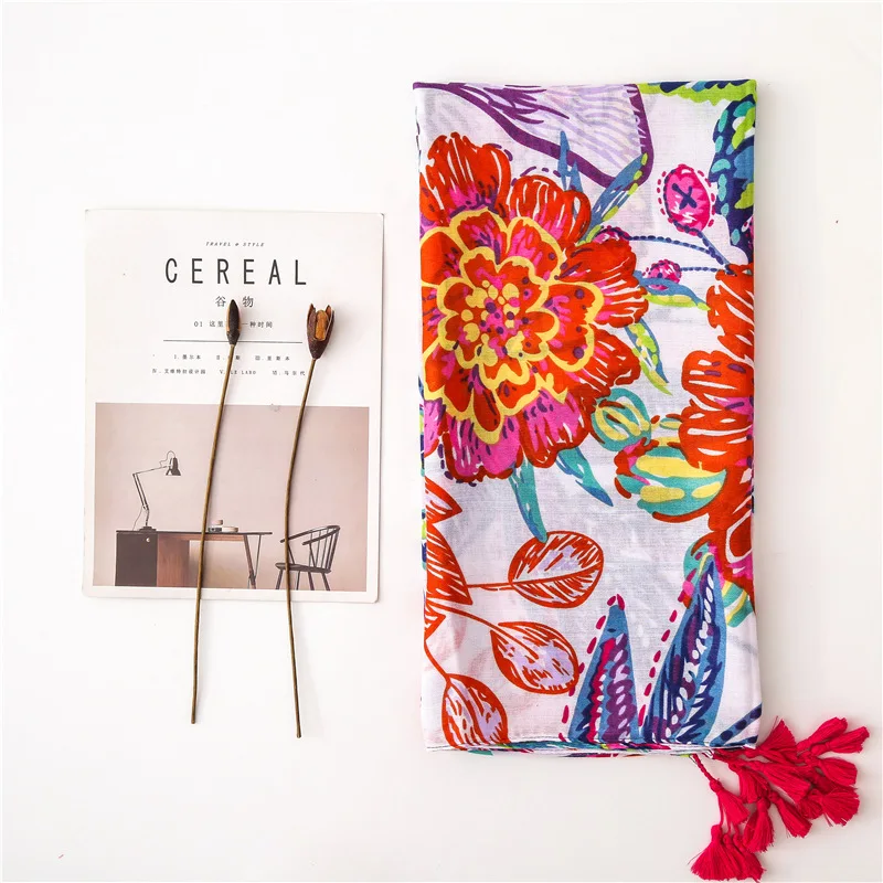 Lenço de borla floral para mulher, xale viscose, envoltório, pashmina, roubou, muçulmanos, hijab, snood, senhoras, Espanha Fashion