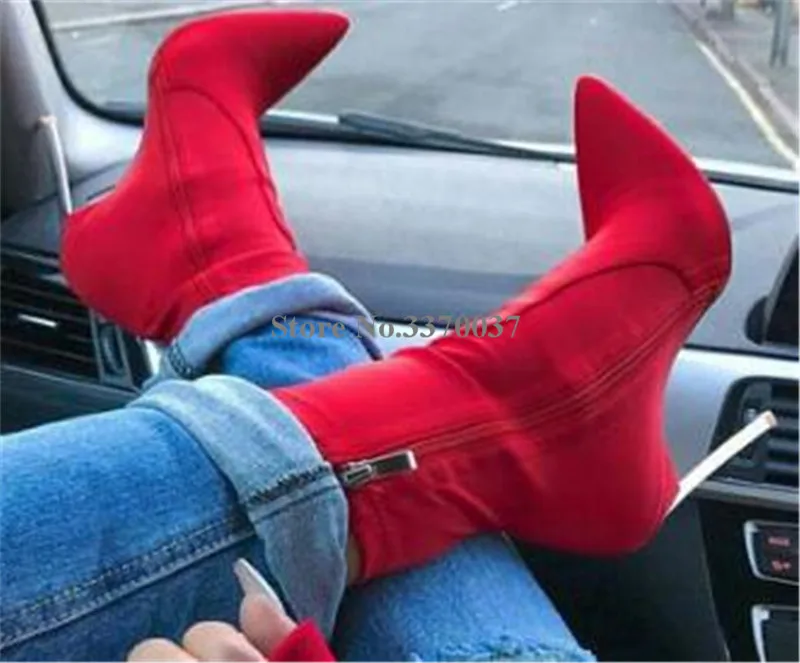 Brand Design Women Fashion Pointed Toe Suede Leather Stiletto Metal Heel Short Boots Pink Red Yellow High Heel Ankle Boots