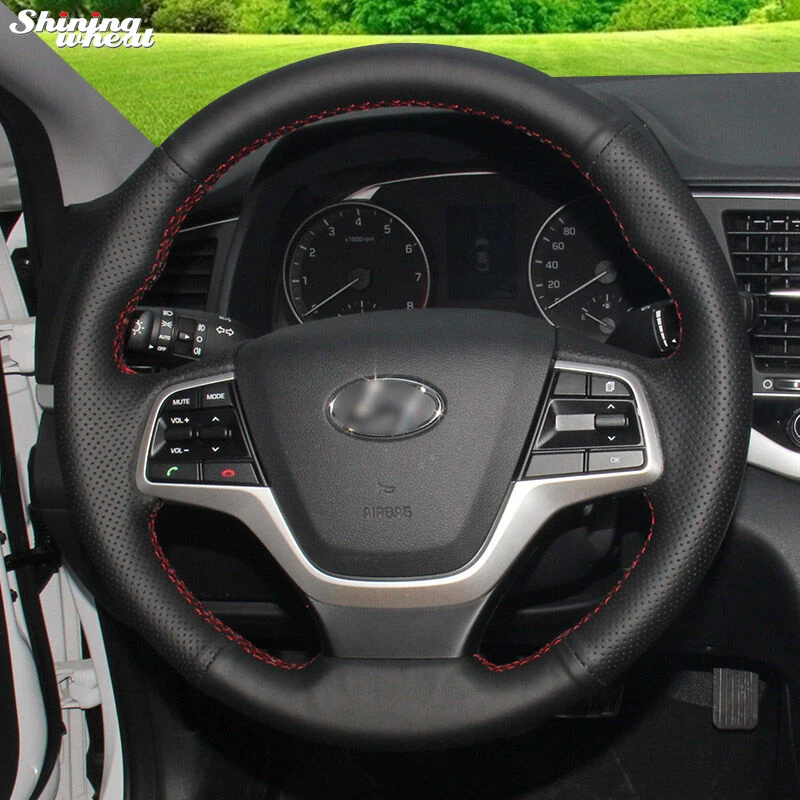 

Shining wheat Hand-stitched Black Leather Car Steering Wheel Cover for Hyundai Elantra 4 2016 2017