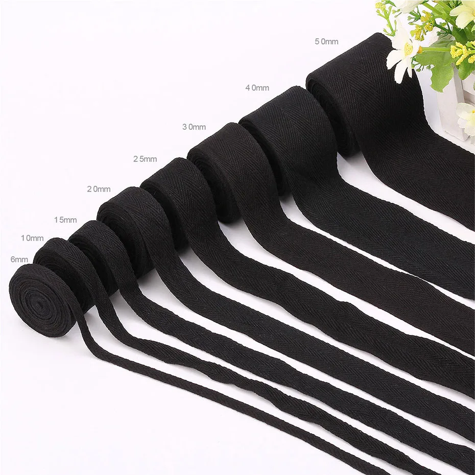 

50 Yards/Roll Black Cotton Ribbon Herringbone Twill Binding Tape 10mm/15mm/20mm/25mm/30mm/40mm/50mm For Bag Garment Sewing