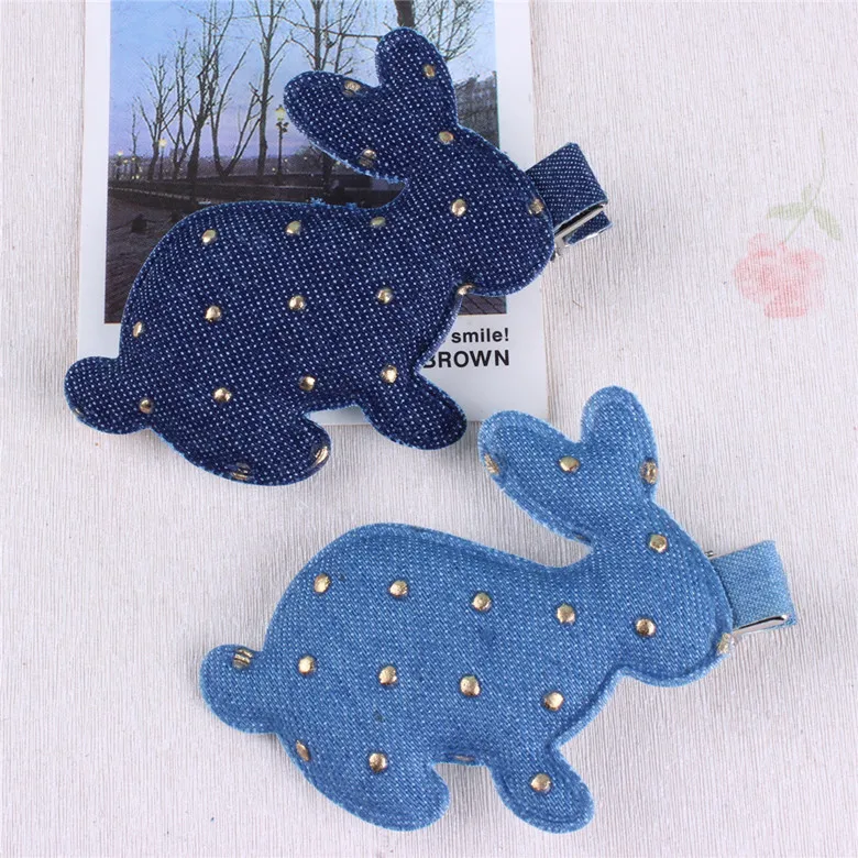 

2017 Wholesale 10pcs Quality Jean Hair Clips Fashion Gold Stamp Rabbit Star Denim Hairclips Women kids Gilrs Hairpins