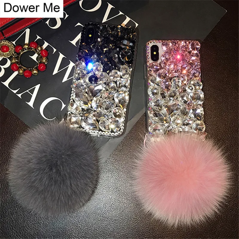 Luxury Fashion Bling Crystal Diamond Case Cover Fox Fur Ball Pendant For Iphone 15 14 13 12 Mini 11 Pro Max XS Max XR X 8 7 Plus