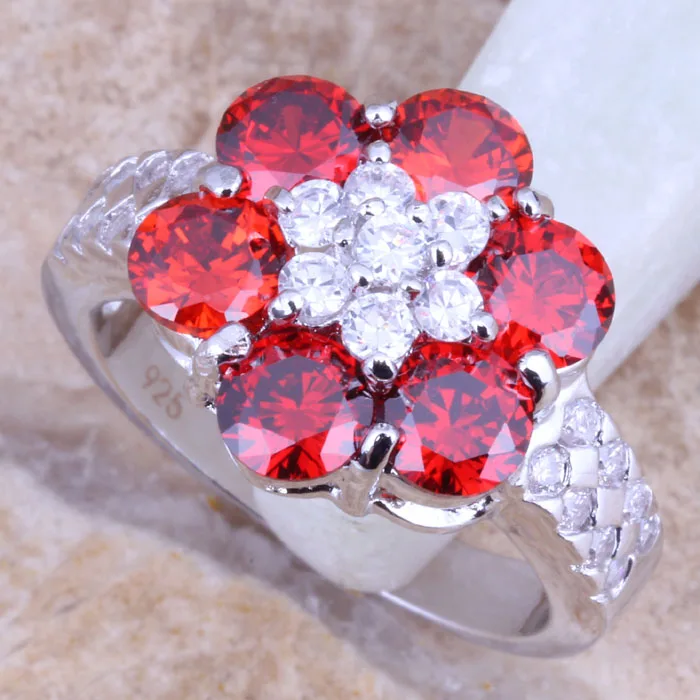 Pleasant Flower Red Garnet White CZ Silver Plated  Women's Ring Size 6 / 7 / 8 / 9 R1401