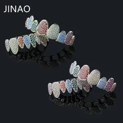 JINAO Silver Color Iced Out Gold Grillz Crystal Jewelry Top Bottom Grills 8Teeth Body Jewelry Hip Hop Bling AAA Cubic Zircon Men