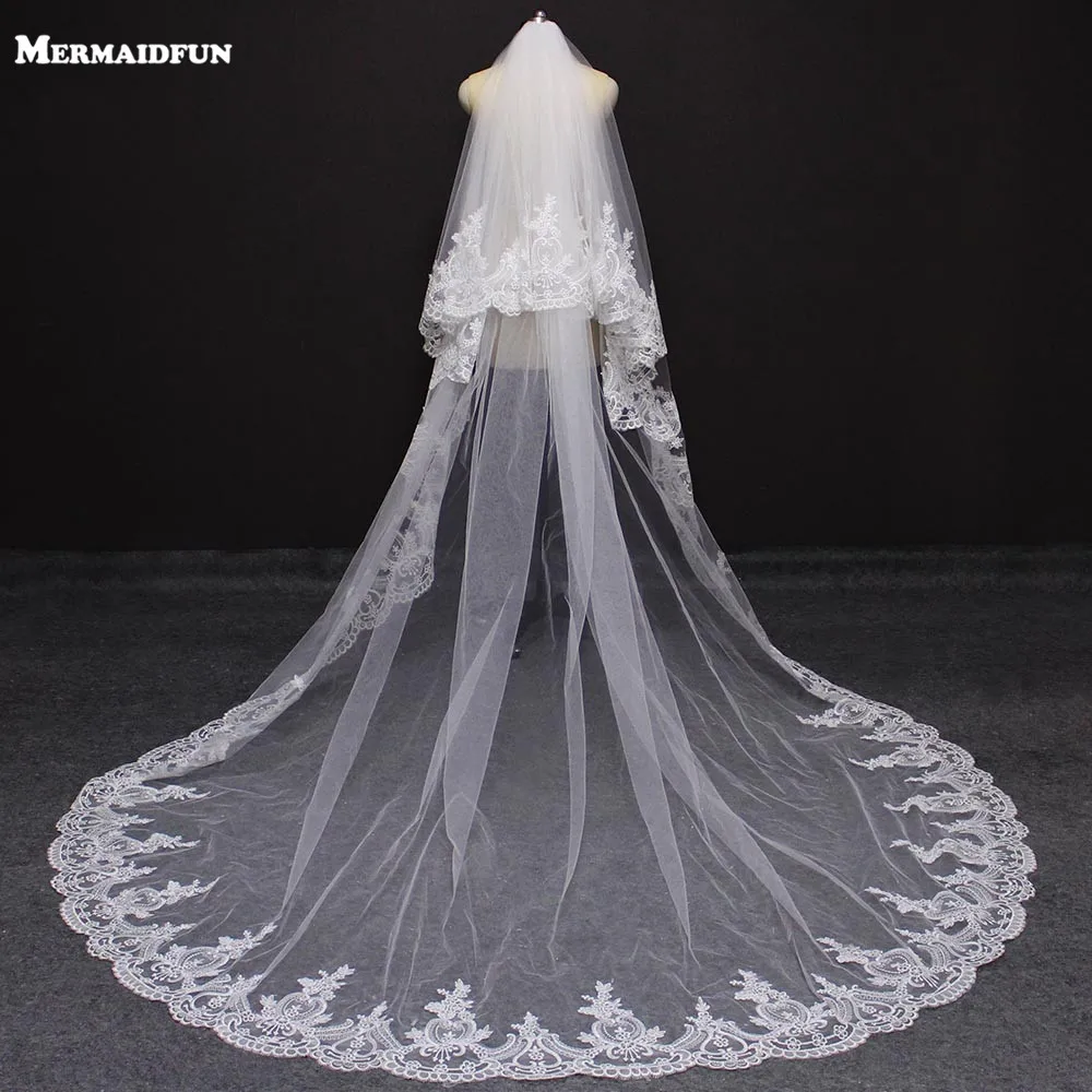 Real Photos 2 Layer Lace Edge Beautiful Wedding Veil 3 M Long Cathedral with Blusher Cover Face Bridal Veil Voile De Mariee