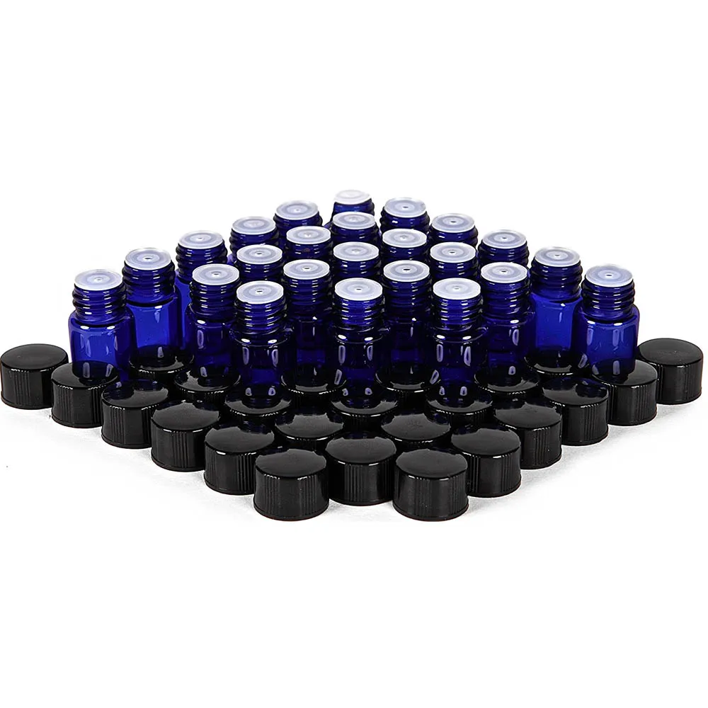 

Travel Pocketable Blue Amber 2 ml (5/8 Dram) Glass Bottles with Orifice Reducers and Black Caps 24pcs/lot P119