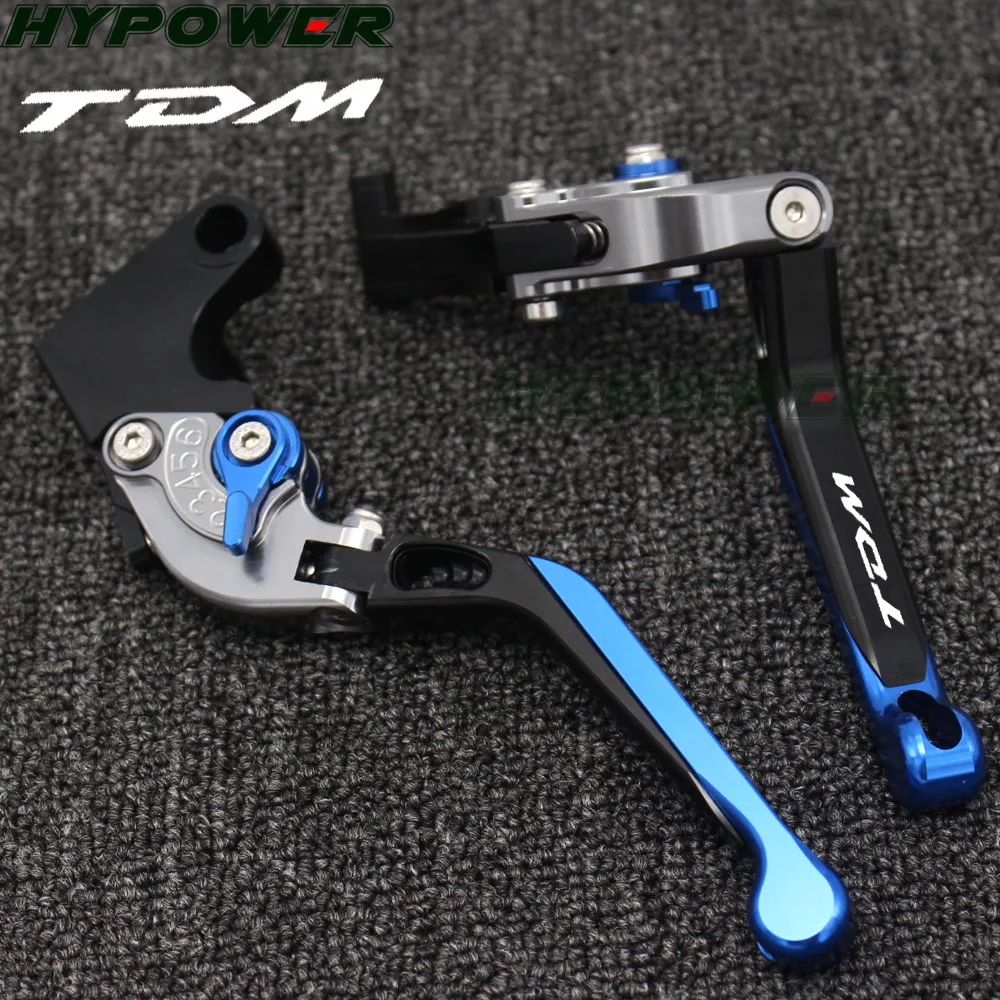 Laser Engraved Logo Blue&Titanium CNC Folding Extendable Motorcycle Brake Clutch Levers For Yamaha TDM 900 2012 2013 2014