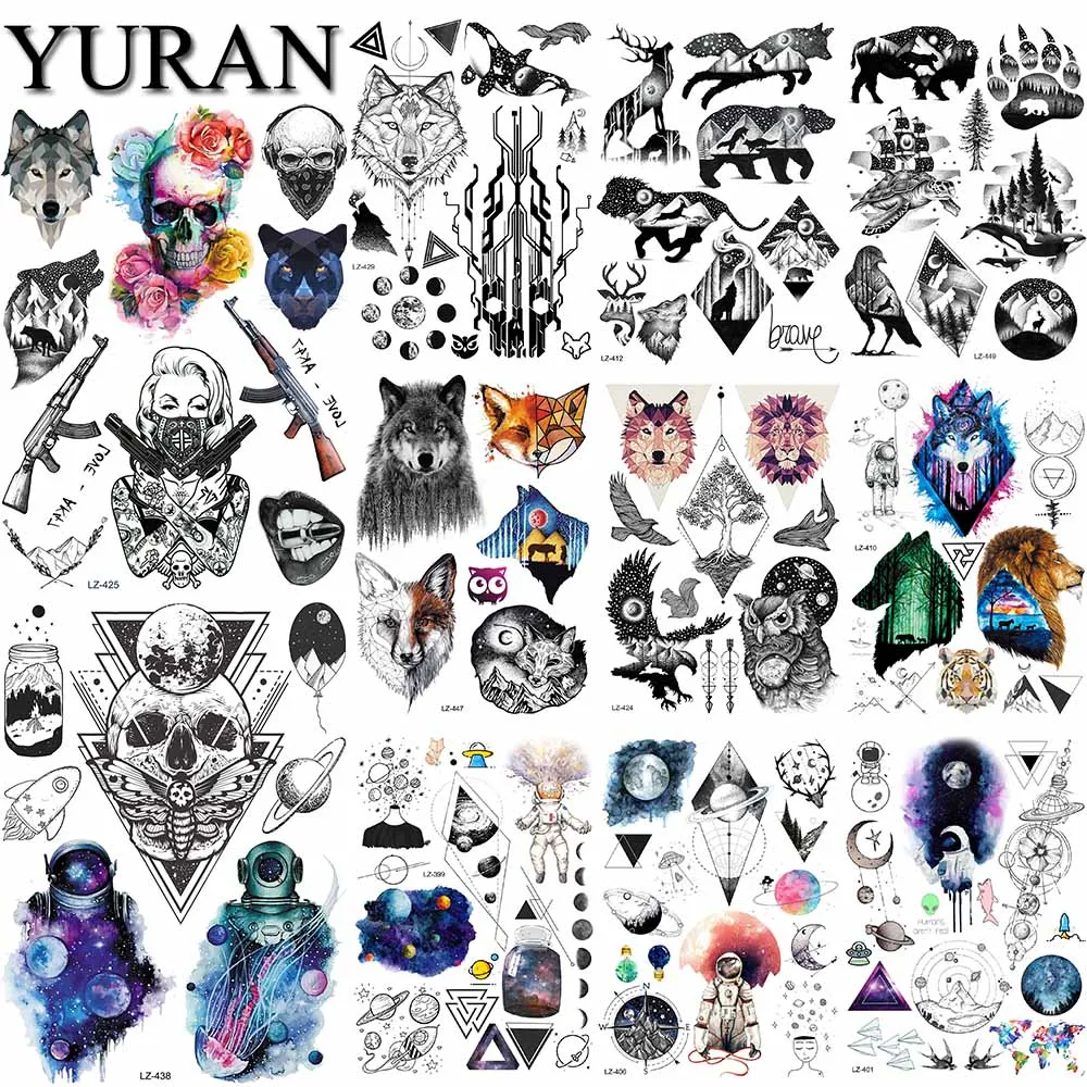 YURAN AK Mask Gangster Design Guns Skull Gun Wolf Temporary Tattoos Stickers For Women Men Fake Black Weapon Tattoo Paper