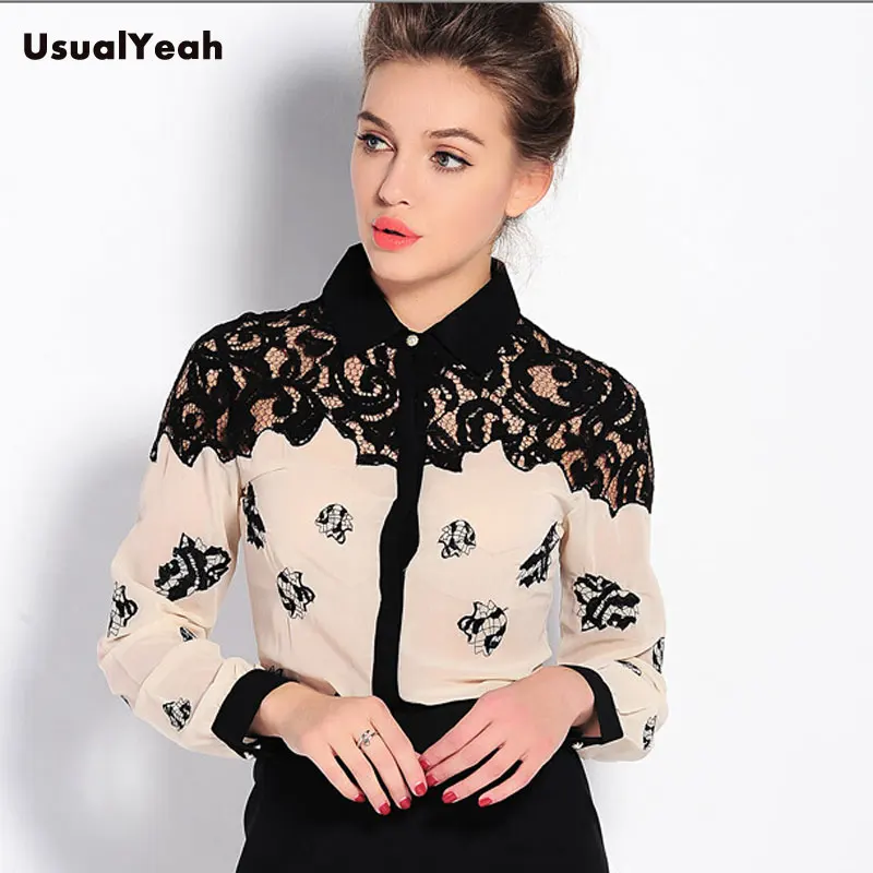 Novo estilo de moda elegante design de bordado de chiffon blusa de corpo feminina tops de camisa patchwork renda branca de visual damasco sy0207