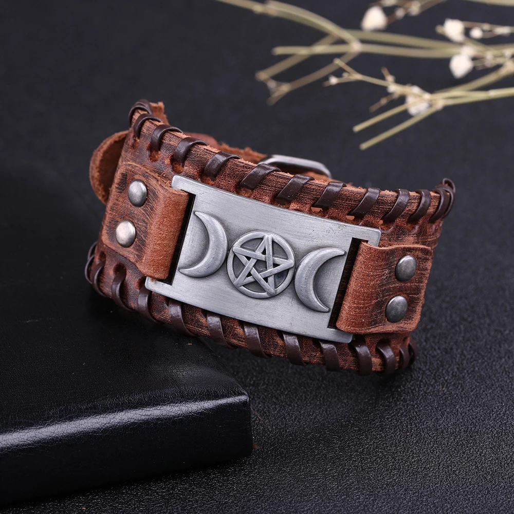 LIKGREAT Triple Moon Goddess Leather Bracelets for Men Wicca Pentagram Charm Bracelets Magic Pentacle Witch Jewelry Gift