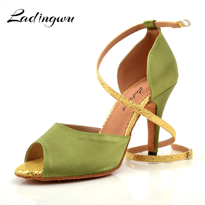 Ladingwu Ladies Dance Shoes Light Green Latin Dance Shoes Women Satin High Heel Ballroom Salsa Shoes Dancing Sandals For Women\'s