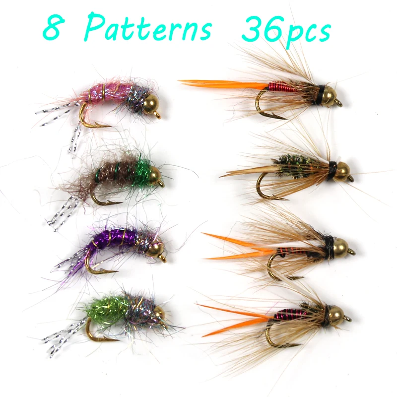 Bimoo 36pcs/box Trout Fly Fishing Brass Bead Head Prince's Nymph Red Copper John with Pocket Size Fly Box Grayling Flies