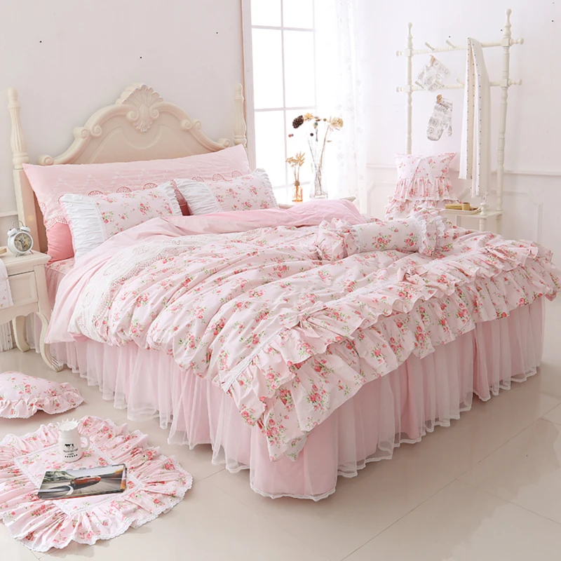 Koreaanse Bloemen Print Kant Beddengoed Set Queen King Size Ruche Strik Prinses Dekbedovertrek Roze Sprei Bedrok 100% Katoen