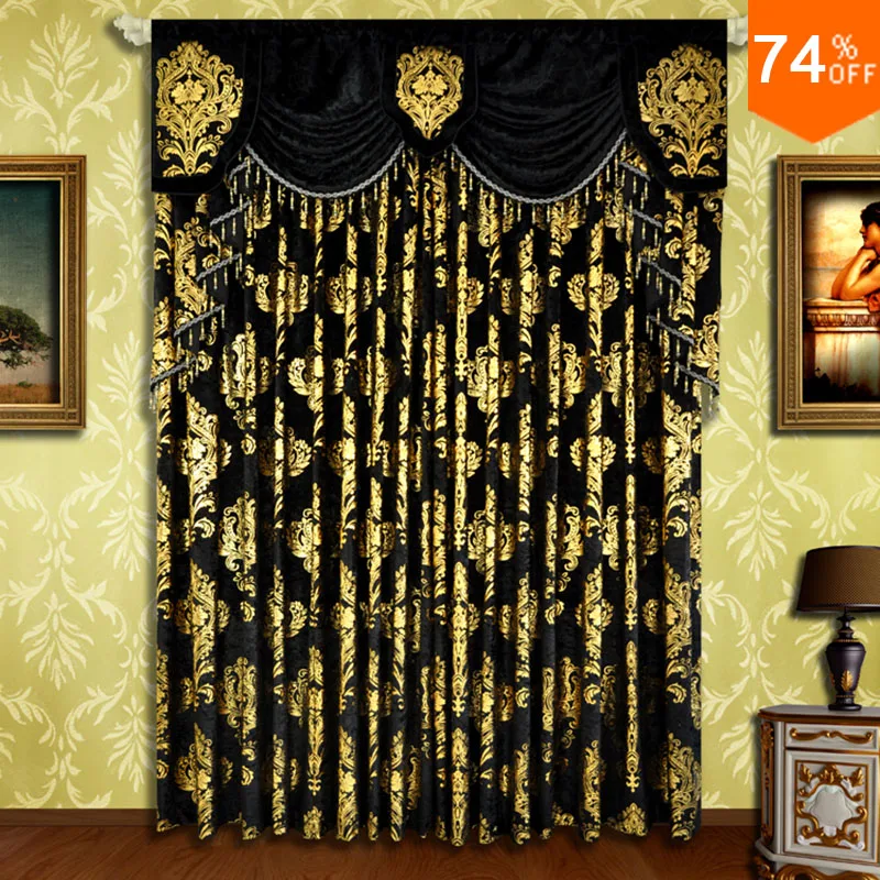 

Black Fur Surface Embroid Black Golden Flowers curtains Rod Stick curtain Classic Design Elegant Bedroom curtain Rod curtains