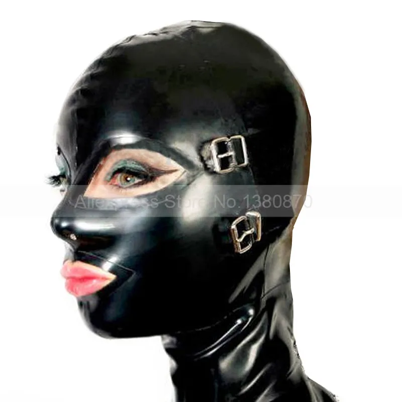 Women Men Sexy Latex Hood Natural Rubber Mask With Eyepatch And Mouth Piece Handmade Costumes S-LM158