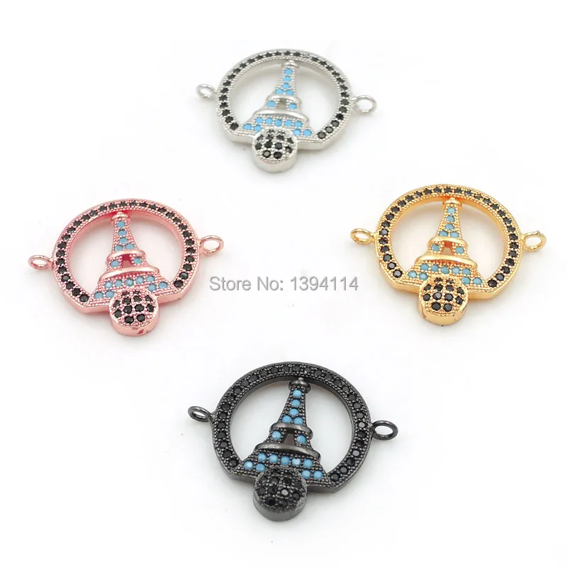 

23*18*2mm Micro Pave Kallaite&Clear CZ Round Connector With Eiffel Tower Fit For Women As DIY Bracelets Accessory