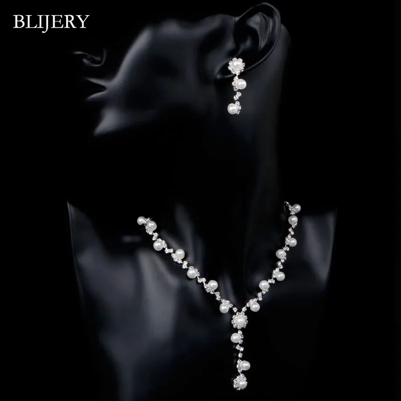 BLIJERY Simulated Pearl Crystal Bridal Jewelry Sets Silver Color Floral Necklace Earrings Bracelet Women Wedding Jewelry Sets