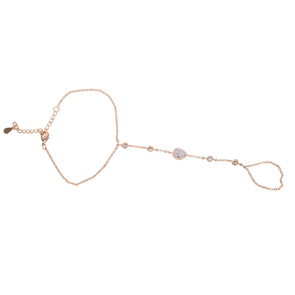 2018 rose gold color fashion delicate dropwater charm cz chain slave bracelet ring Slave Chain Link Finger Rings