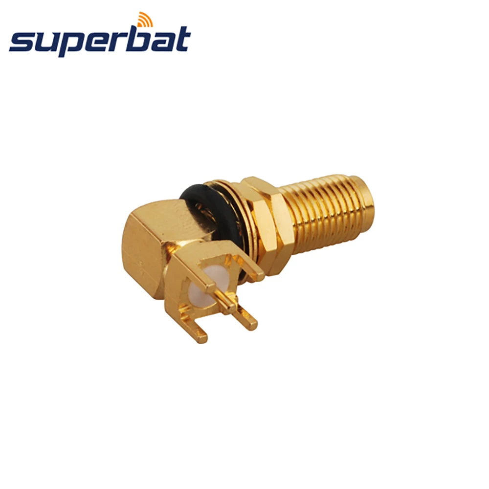 Superbat SMA doorgaand gat Vrouwelijke schot O-ring Rechte hoek PCB Mount Lange versie RF-coaxiale connector