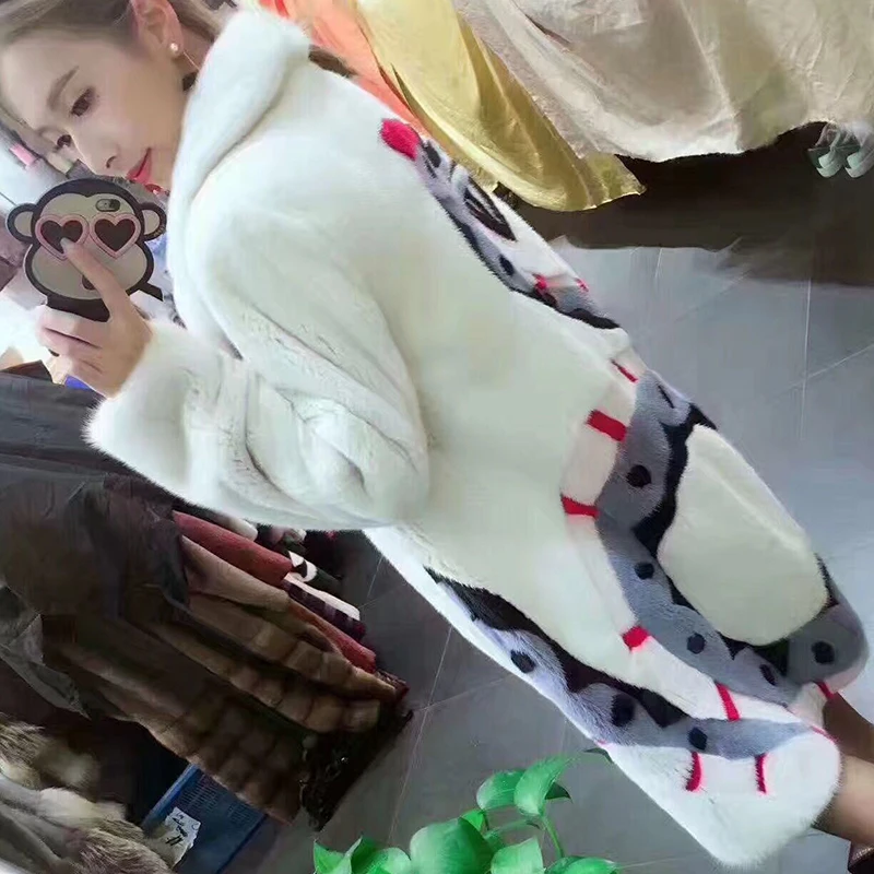 Ftangaiur 冬用レディースジャケット 輸入ミンクファーコート スリム ターンダウンカラー プリントミンクコート エクストラロング 本物のミンクファーコート