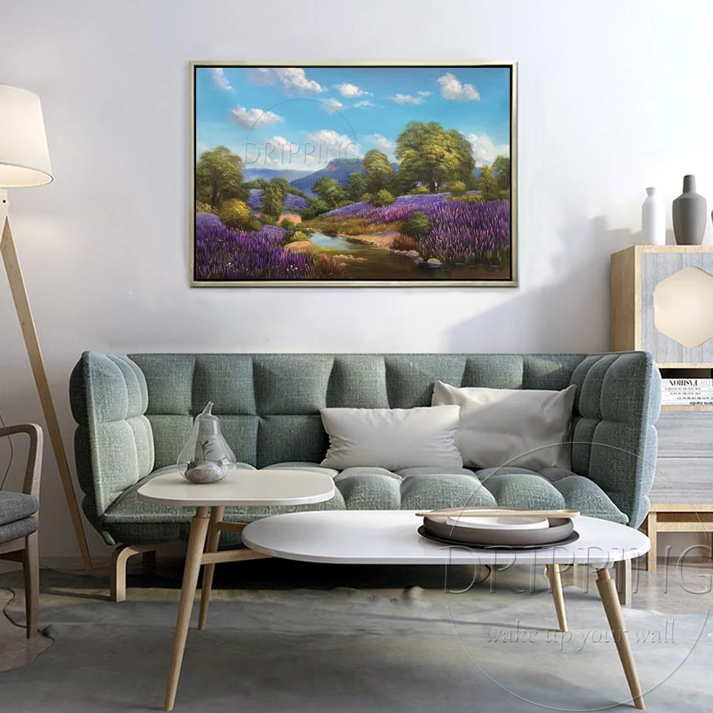 Hand-painted Beautiful Landscape Lavender Oil Painting on Canvas Lovely Purple Lavender Field Oil Painting for Wall Decoration