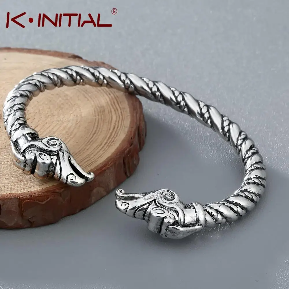 Kinitial Handmade Pagan Viking Wolf/ Raven /Dragon Bracelets Bangles for Men Vintage Open Twisted Cuff Bangle Gift