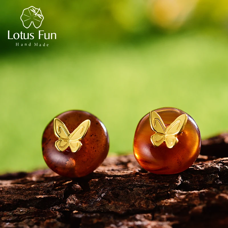 

Lotus Fun реальные стерлингового серебра 925 Натуральный Янтарный камень ручной работы дизайнер ювелирных украшений бабочка серьги стержня для женщин brincos