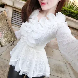 Women's Puff Sleeve Floral Shirt, Lace Tops, White Blouse, Long Sleeve, V-Neck, Sexy Wear, Summer, Autumn