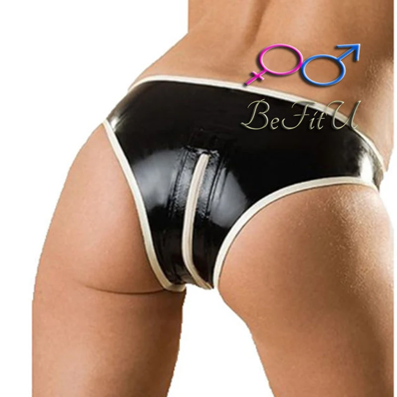 

Latex Shorts Women underwear Fetish Briefs Sexy Underpants with Crotch Zipper Handmade Contrasting colour edge design