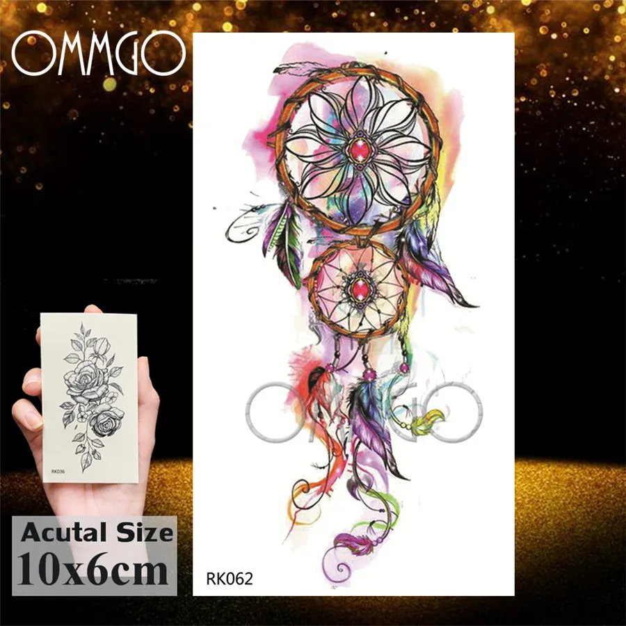 OMMGO Tribal Dream Catcher Feather Temporary Tattoos Sticker Colorful Henna Custom Tattoo Body Art Arm Waterproof Fake Tatoos