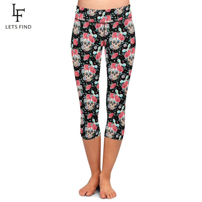 LETSFIND Sexy Skull and Flowers Print Women High Waist Leggings High Elastic Fitness Mid-Calf 3/4 Comfortable Capri Leggings