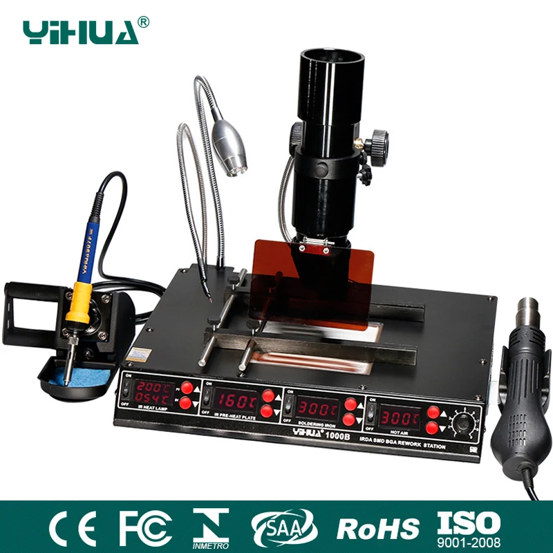 YIHUA 1000B BGA Rework Station 4 in 1 Infrared Rework Station SMD Hot Air Gun 540W Preheating Station 75W Soldering Iron station