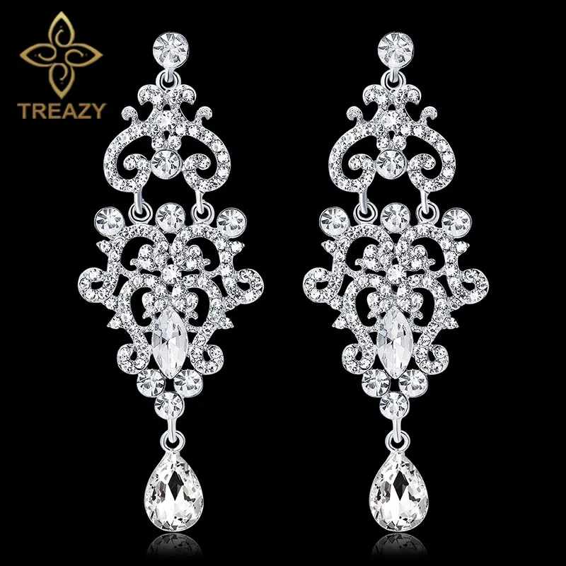 TREAZY Silver Color Crystal Chandelier Long Earrings For Women Bridal Dangle Drop Earrings Wedding Engagement Jewelry Gifts