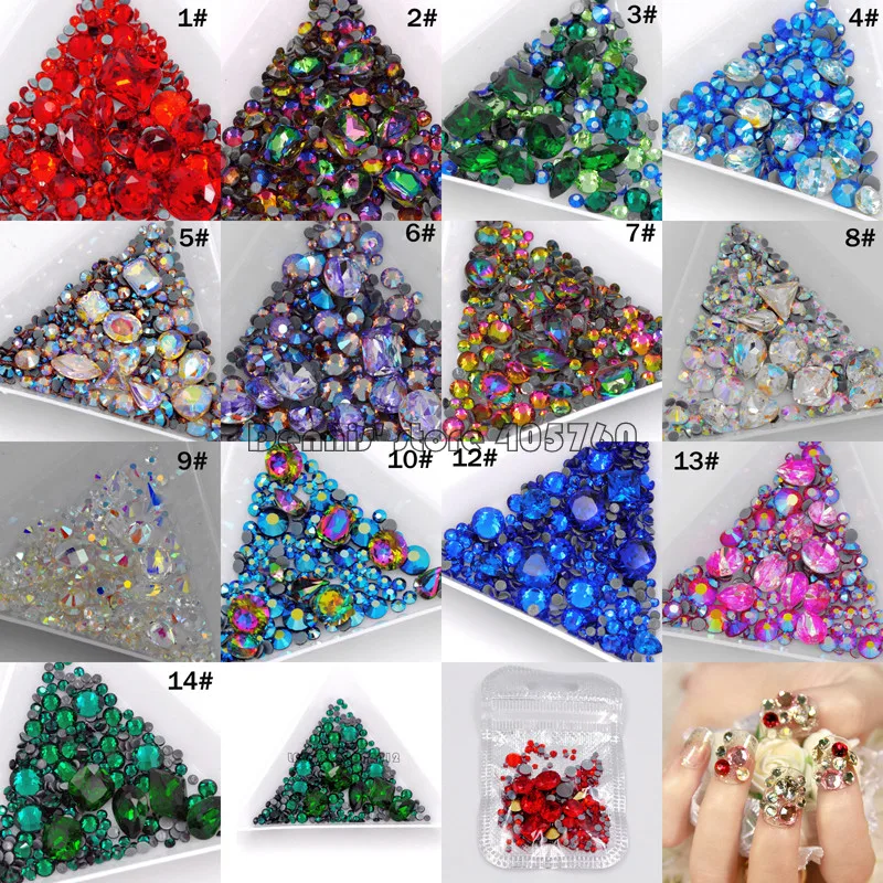 1Pack Mix Maten Mix Vorm Multi-Gekleurde Glitter 3D Diamant Facet Platte Achterkant Steentjes Acryl Nail Art Crystal gems Decoratie