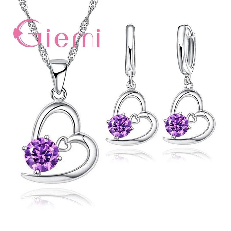 Ensembles de bijoux à breloques en argent 925 pour femmes, collier pendentif coeur populaire, boucle d'oreille en cristal romantique pour jeune fille, CZ, nouveau