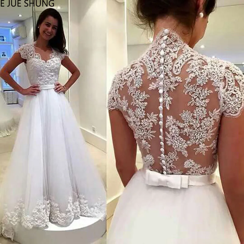 E JUE SHUNG White Lace Appliques A-line Wedding Dresses Sheer Back Buttons Cap Sleeves Bridal Gowns Vestidos De Novia