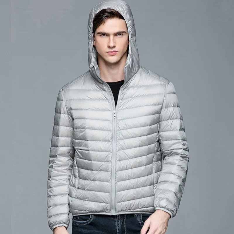 0-10 ℃ Mężczyźni Płaszcz zimowy Moda Kurtki puchowe z kapturem Ultralekki puchowy płaszcz puchowy Przenośne smukłe parki z wypełnieniem z piór 5XL