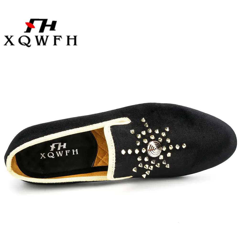 XQWFH Gold Handmade Men Rivets Shoes Plus Size Man\'s Leather Casual Shoes Fashion Party Wedding Men Loafers