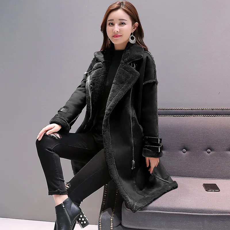 Women Suede Fur Coat Warm Fashion Long Trench Coats Jackets Faux Sheepskin 2022 Autumn Winter F0102 Lamb Fleece 2 Choices