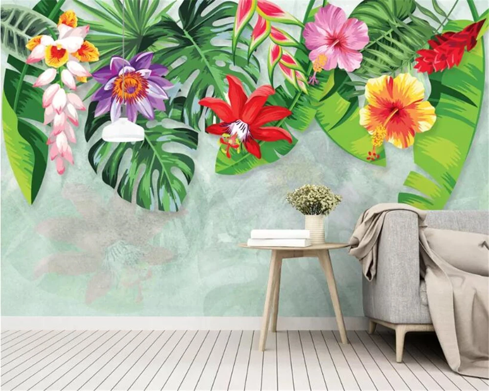 

Beibehang Custom Mural Wallpaper Hand Painted Rainforest banana leaf flower Painting wall papers home decor papel de parede