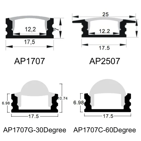 60m (30pcs) a lot, 2m per piece,  led aluminum profile AP1707 for 12mm wideness or below led strips