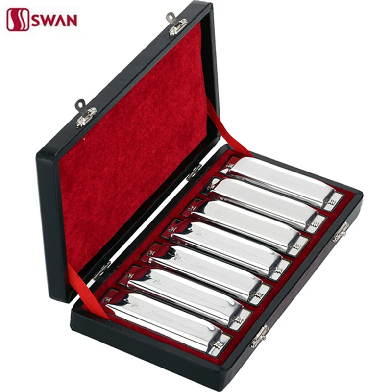 7PCS/Set Swan 10 Holes Harmonica Diatonic Blues Harp A/B/C/D/E/F/G Keys Mouth Organ With Gift Box Gaita