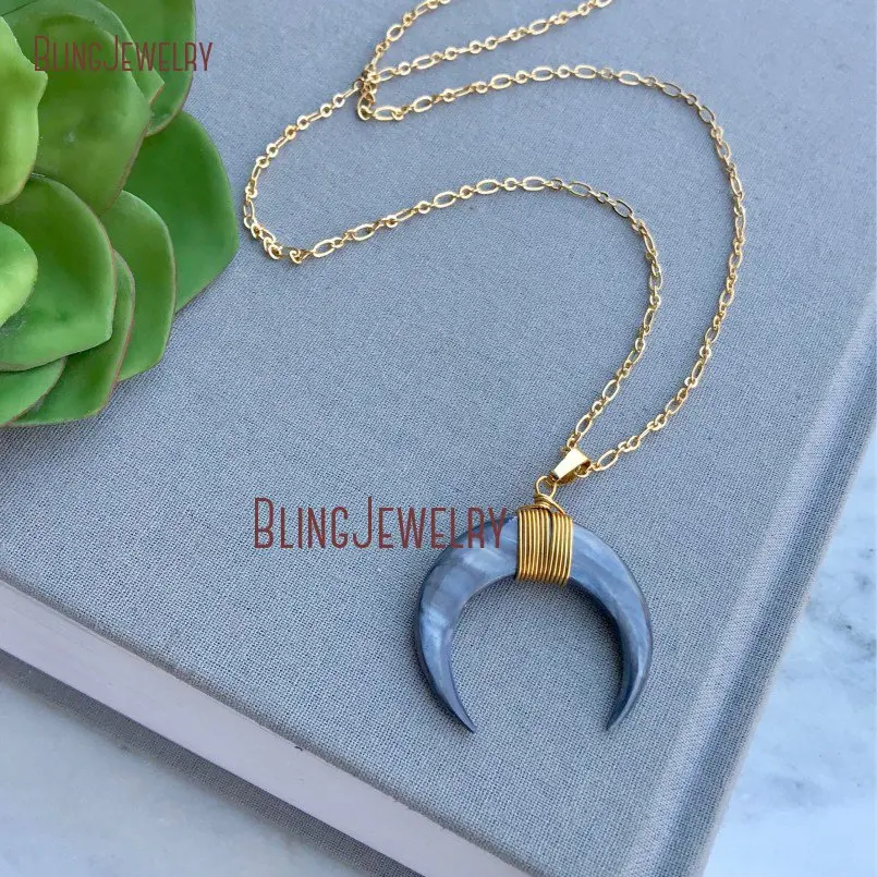 

Gray or White Crescent Moon Necklace Wire Wrapped Double Horn Pendant Bohemian Boho NM11588