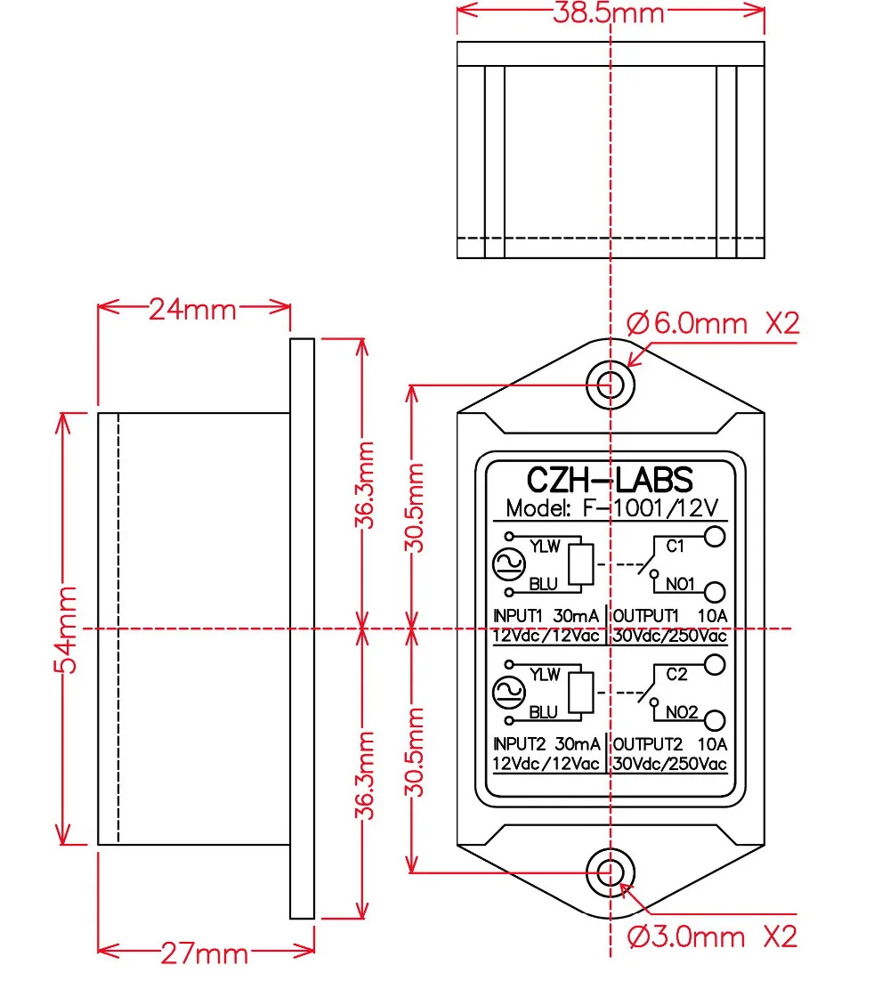 Módulo de relé de potencia de 10 amperios, SPST-NO Dual, voltaje de Control de 5V CA/CC