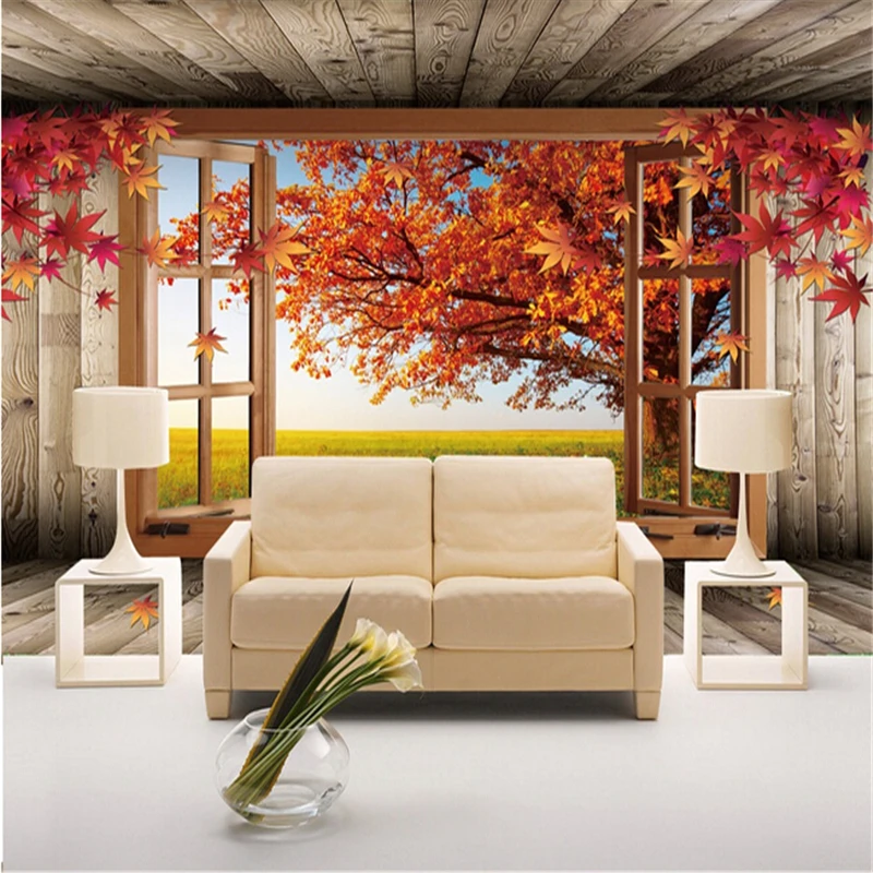 beibehang  3D stereoscopic romantic red maple headroom wallpaper the living room sofa wall painting wood papel de parede