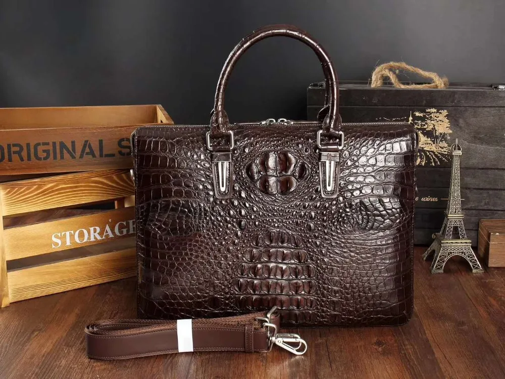 

2018 new hot sell 100% genuine real crocodile head skin leather men business briefcase bag laptop bag brown free fast shipping